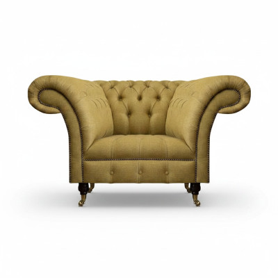 Sillón de tela de lujo Chesterfield nuevo para la sala de estar.
