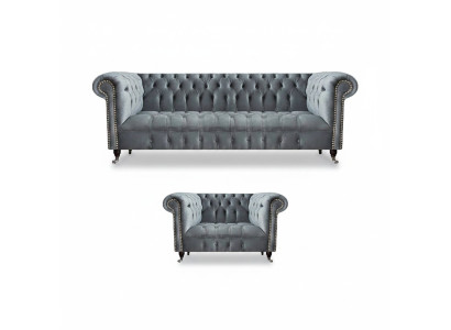 Sala de estar completa sofá de tres plazas sillón lujo decoración Chesterfield