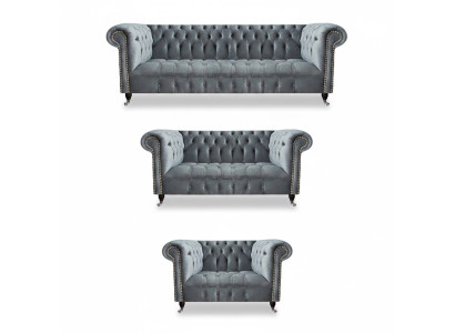 Set de lujo de 3 piezas, juego de sofás Chesterfield gris para sala de estar. Nuevo mobiliario.
