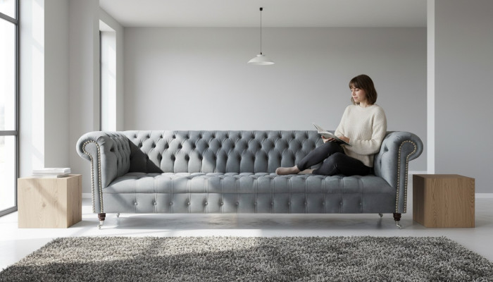 Chesterfield de lujo de cuatro plazas gris sofá sofá sala de estar decoración