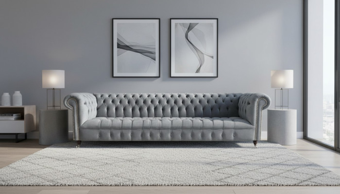 Chesterfield de lujo de cuatro plazas gris sofá sofá sala de estar decoración