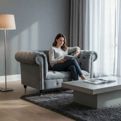Sala de estar gris sillón Chesterfield tapizado asiento muebles nuevo textil