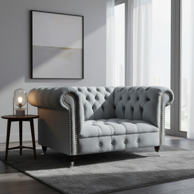 Sala de estar gris sillón Chesterfield tapizado asiento muebles nuevo textil