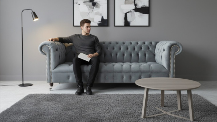 Sofá Chesterfield de tres plazas, sofá de sala de estar, muebles, gris, textil, nuevo.