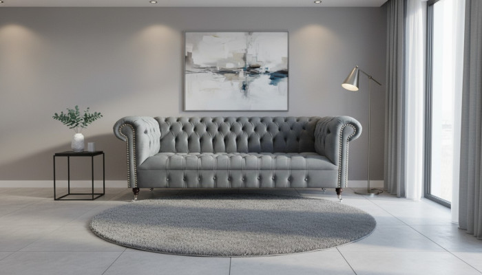 Sofá Chesterfield de tres plazas, sofá de sala de estar, muebles, gris, textil, nuevo.