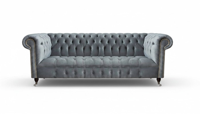 Sofá Chesterfield de tres plazas, sofá de sala de estar, muebles, gris, textil, nuevo.