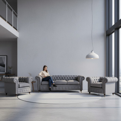 Grau Chesterfield juego de muebles de lujo para sala de estar de 3 piezas, sofás en tela y sillón.