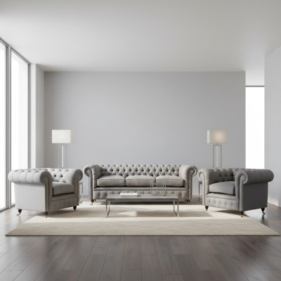 Grau Chesterfield juego de muebles de lujo para sala de estar de 3 piezas, sofás en tela y sillón.