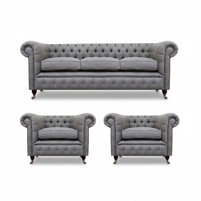 Grau Chesterfield juego de muebles de lujo para sala de estar de 3 piezas, sofás en tela y sillón.