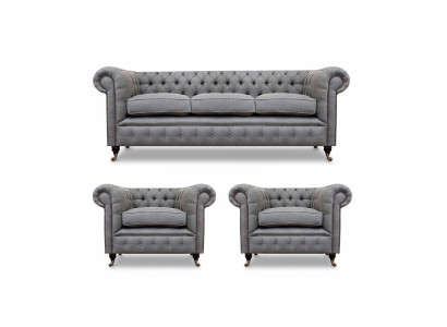 Grau Chesterfield juego de muebles de lujo para sala de estar de 3 piezas, sofás en tela y sillón.