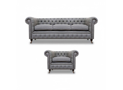 Grupo de sofás, sofá tapizado en diseño Chesterfield, conjunto de sofá de tres plazas y sillón.