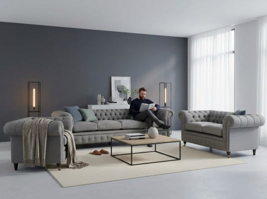 Sofá de tela de poliéster Chesterfield para sala de estar, nuevo diseño.