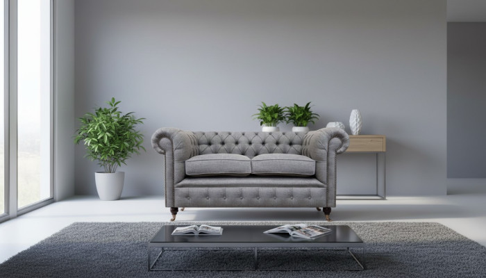 Sofá de diseño tapizado gris de lujo en textil Chesterfield de dos plazas.