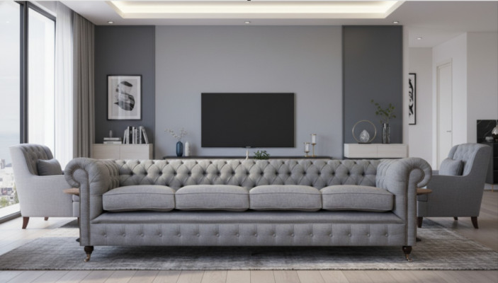 Chesterfield sofá de cuatro plazas en gris, nuevo, diseño de salón, tela.