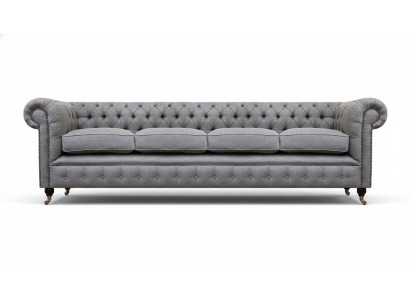 Chesterfield sofá de cuatro plazas en gris, nuevo, diseño de salón, tela.