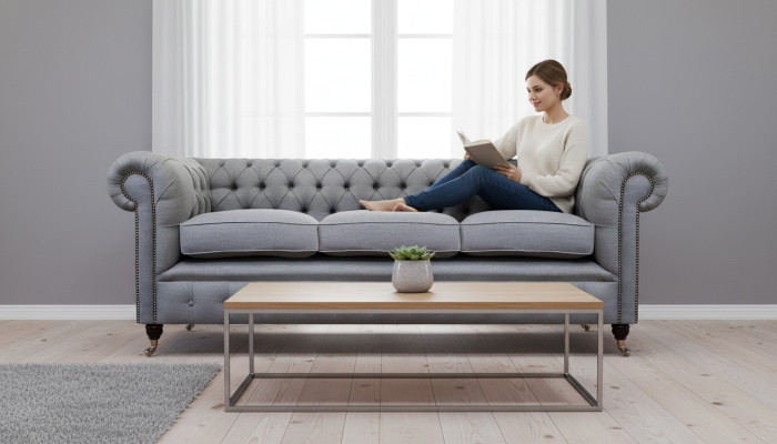 Gris Chesterfield Sala de estar Tela de tela de lujo Sofá de tres plazas