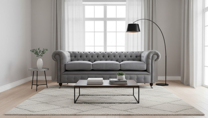 Gris Chesterfield Sala de estar Tela de tela de lujo Sofá de tres plazas