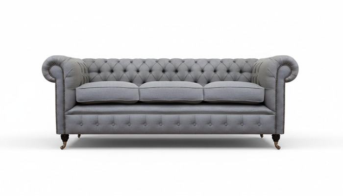 Gris Chesterfield Sala de estar Tela de tela de lujo Sofá de tres plazas