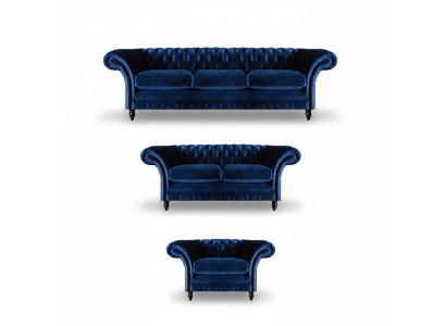 Lujo Diseño Nuevo juego de sala azul, set de sofás de 3 piezas, amueblado Chesterfield.