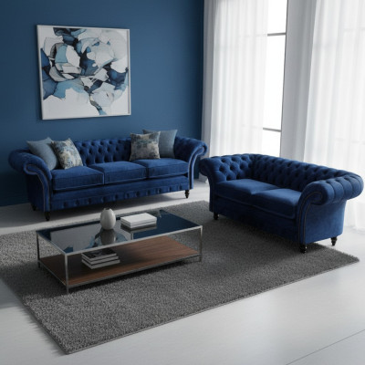 Sala de estar Sofá de tres plazas azul de 2 piezas Sofás de dos plazas Chesterfield decoración