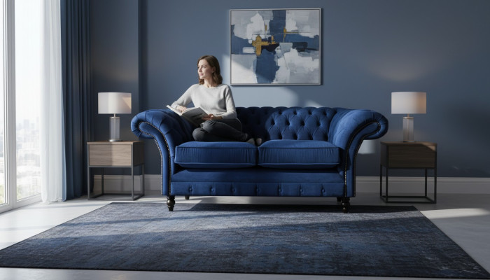 Sofás de sala de estar, sillón de dos plazas, decoración azul, Chesterfield nuevo.