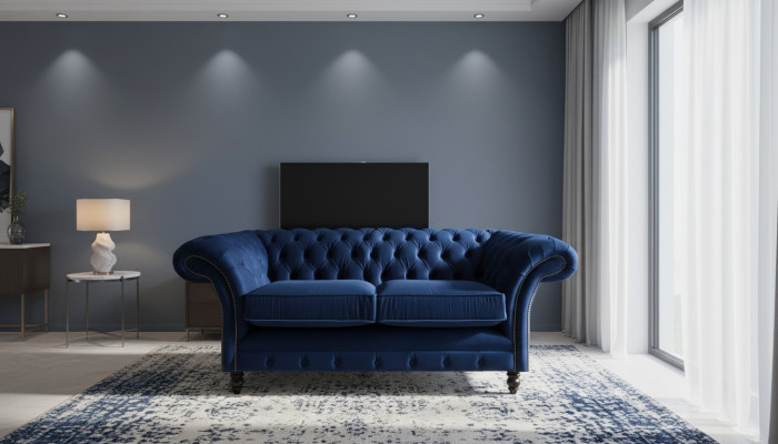 Sofás de sala de estar, sillón de dos plazas, decoración azul, Chesterfield nuevo.
