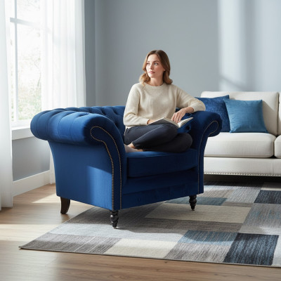 Silla Chesterfield azul de lujo con diseño de tapicería nueva para la decoración de la sala de estar.