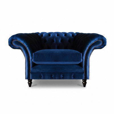 Silla Chesterfield azul de lujo con diseño de tapicería nueva para la decoración de la sala de estar.