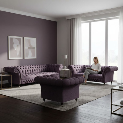 Set de sofá de diseño de lujo 3 piezas Chesterfield lila para sala de estar.
