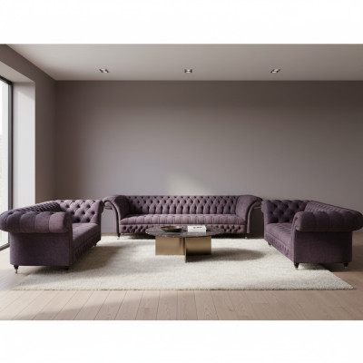 Set de sofá de diseño de lujo 3 piezas Chesterfield lila para sala de estar.