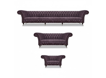 Set de sofá de diseño de lujo 3 piezas Chesterfield lila para sala de estar.