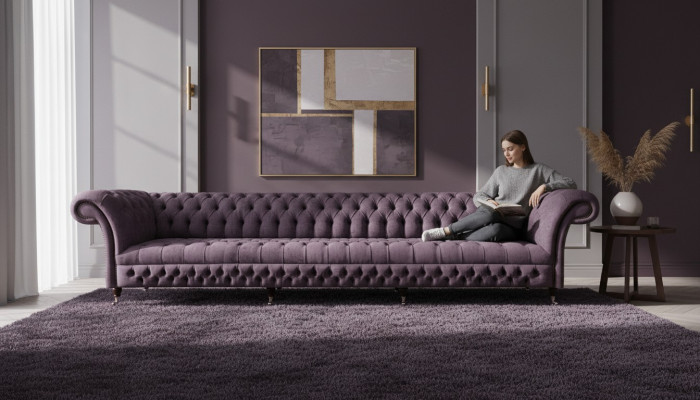Muebles de lujo tapizados Chesterfield sofá de cuatro plazas tela salón.