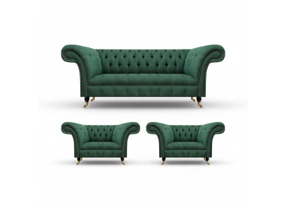 Conjunto completo de salón de 3 piezas, 2 sillones con sofá de tres plazas Chesterfield.