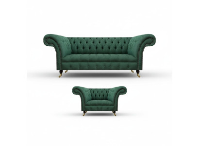 Sala de estar de lujo completa, sofá de tres plazas verde, sillón Chesterfield nuevo conjunto