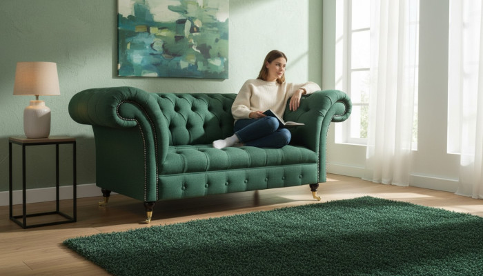 Sofá sala verde de dos plazas muebles tapizados Chesterfield nuevo.