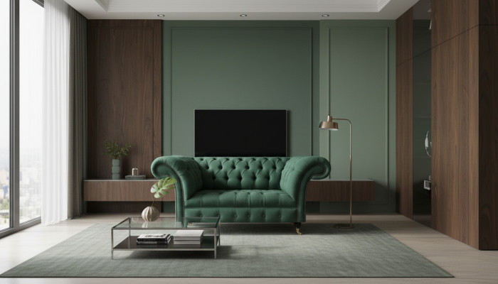 Sofá sala verde de dos plazas muebles tapizados Chesterfield nuevo.