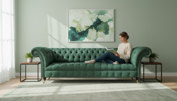 Muebles tapizados de lujo sofá de cuatro plazas verde salón Chesterfield