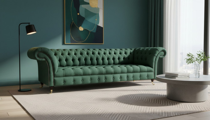 Muebles tapizados de lujo sofá de cuatro plazas verde salón Chesterfield