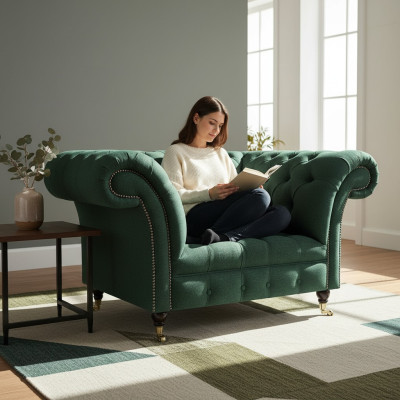 Sillón de sala de estar, muebles tapizados de lujo, verde, asiento tapizado, Chesterfield, nuevo.