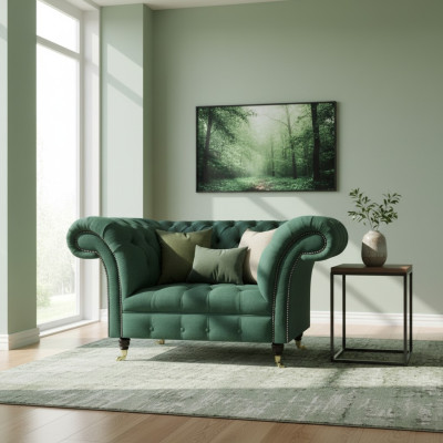 Sillón de sala de estar, muebles tapizados de lujo, verde, asiento tapizado, Chesterfield, nuevo.