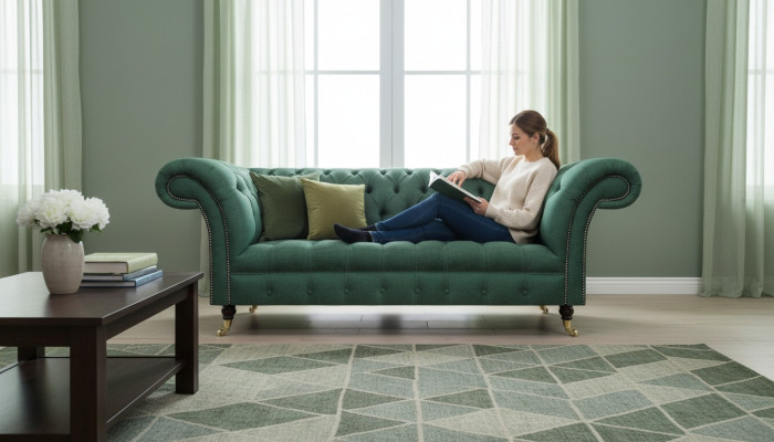 Sofá de tres plazas de lujo Chesterfield de terciopelo verde para la sala de estar, asiento acolchado nuevo.