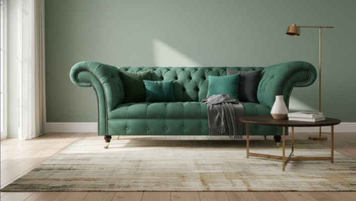 Sofá de tres plazas de lujo Chesterfield de terciopelo verde para la sala de estar, asiento acolchado nuevo.