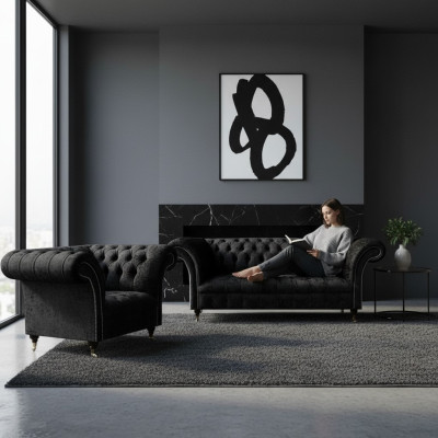 Negro Completo Chesterfield Asiento tapizado Lujo Sala de estar
