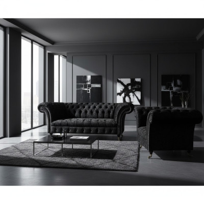 Negro Completo Chesterfield Asiento tapizado Lujo Sala de estar