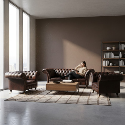 Conjunto de sofá de cuero marrón de lujo para la sala de estar con 2 sillones individuales y un sofá de tres plazas Chesterfield.