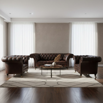 Conjunto de sofá de cuero marrón de lujo para la sala de estar con 2 sillones individuales y un sofá de tres plazas Chesterfield.