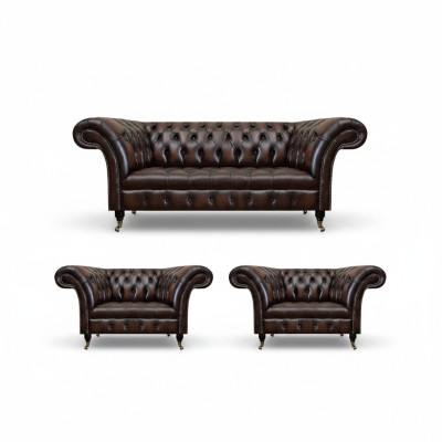 Conjunto de sofá de cuero marrón de lujo para la sala de estar con 2 sillones individuales y un sofá de tres plazas Chesterfield.