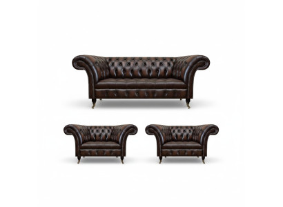 Conjunto de sofá de cuero marrón de lujo para la sala de estar con 2 sillones individuales y un sofá de tres plazas Chesterfield.