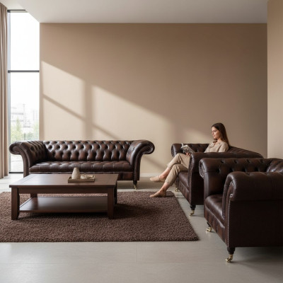 Muebles tapizados de salón Sofás Chesterfield Sofá de cuero Conjunto de sofá de lujo