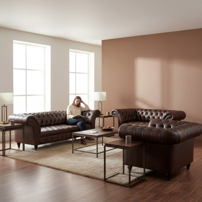 Chesterfield Cuero Marrón Sala de estar Muebles tapizados Sofás Set Lujo Mobiliario